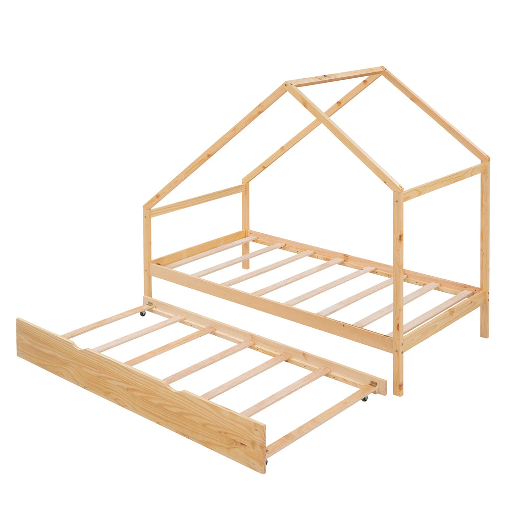 Twin Size Wooden House Bed with Trundle J3617