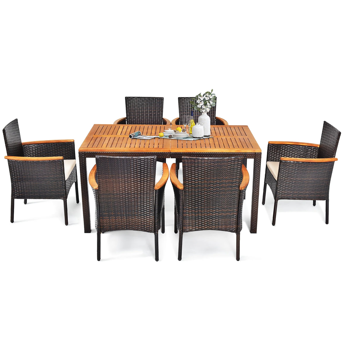 7 Pc Patio Rattan Dining Set Cushioned Chair Wooden Tabletop U7356
