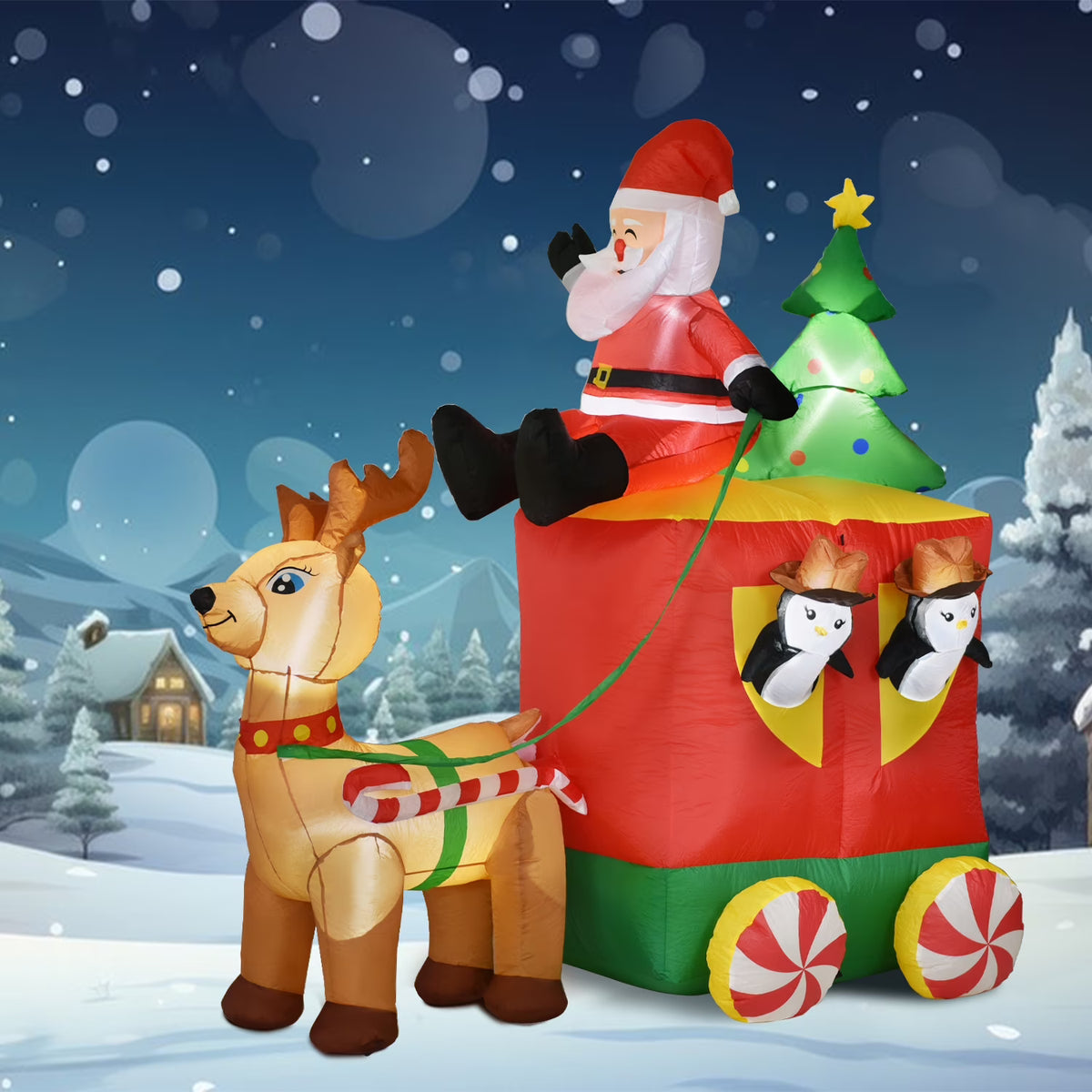 6.2FT Inflatable Elk with Santa Claus Penguin and Christmas Tree Outdoor Yard Decoration G3625
