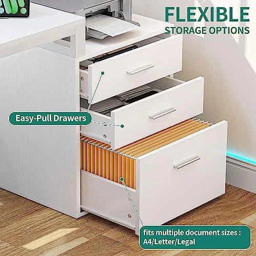 L Shaped Desk with 3 Drawers 65" Corner Computer Desk with Power Outlets & LED Lights White U2418