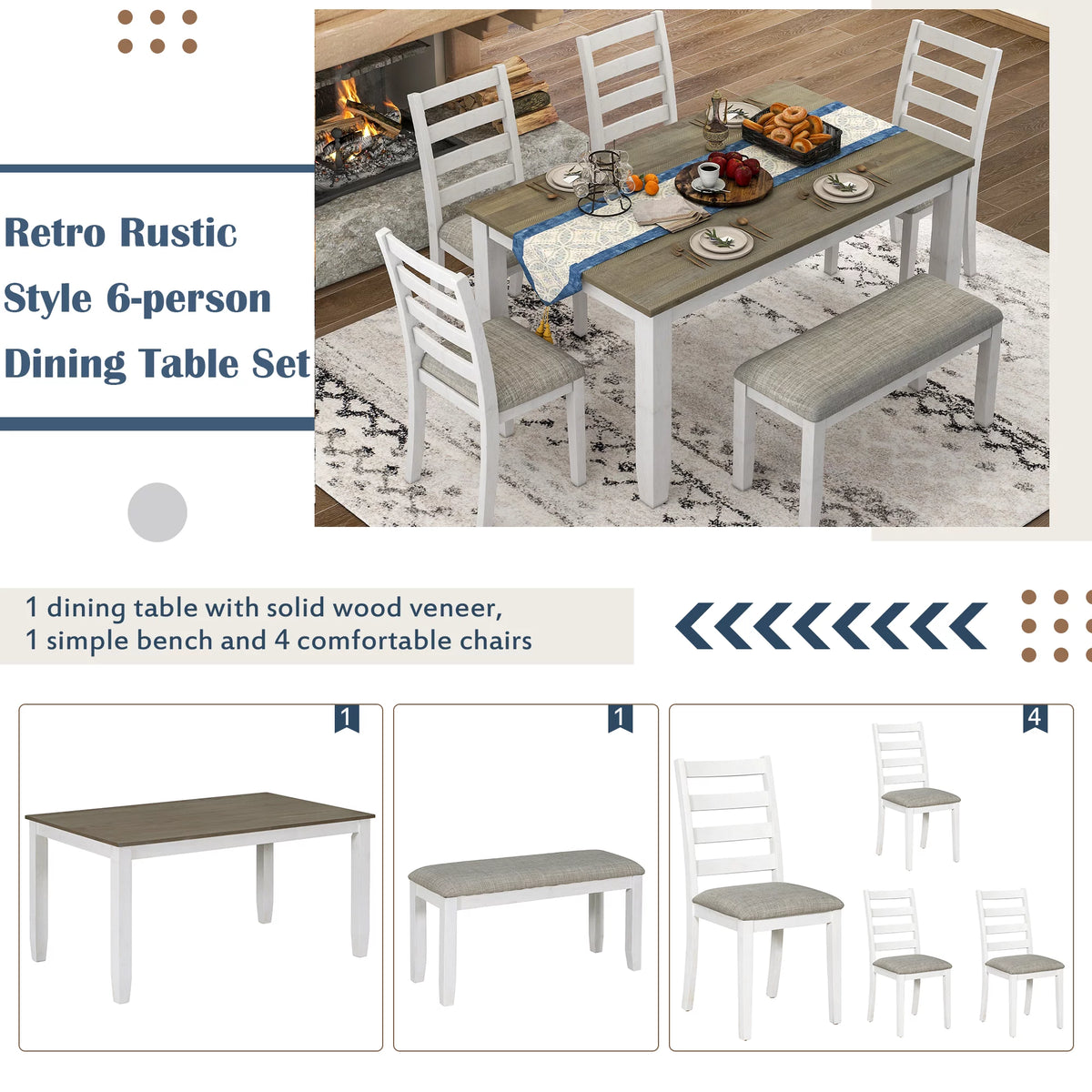 6-Piece Dining Table Set with 4 Upholstered Chairs and Bench Y3280