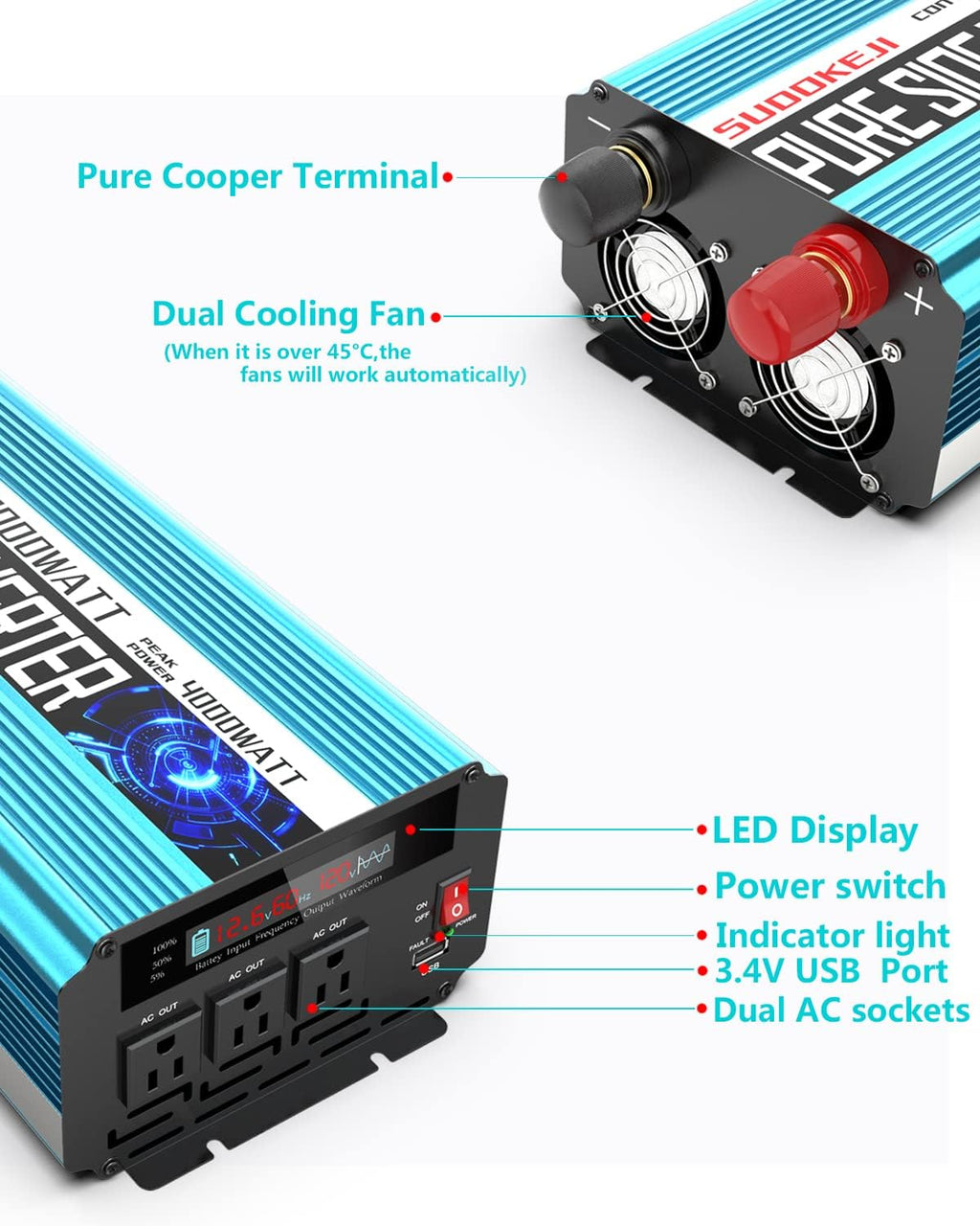 2000W Pure Sine Wave Power Inverter 12V DC to AC 110V/120V Converter with LCD Display G70635