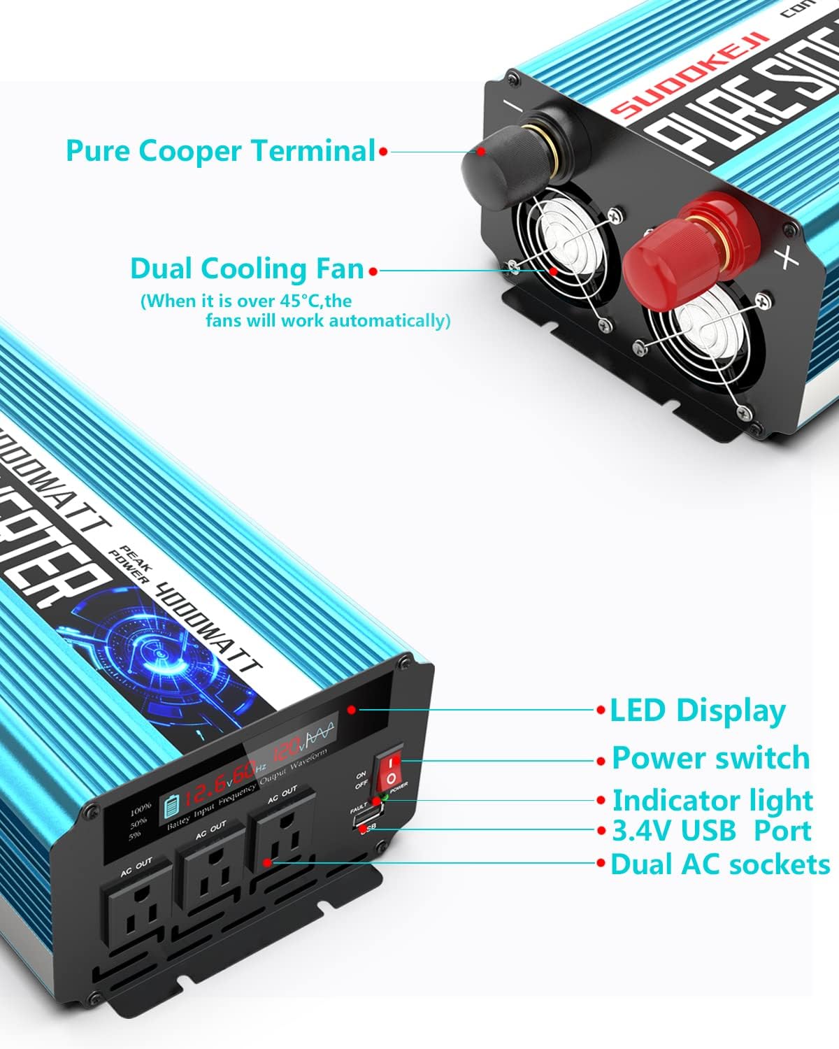 2000W Pure Sine Wave Power Inverter 12V DC to AC 110V/120V Converter with LCD Display G70635