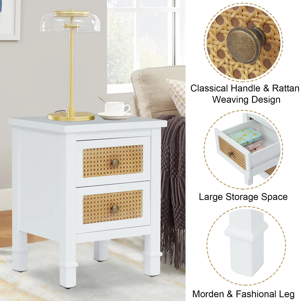 White 2 Drawer Rattan Nightstand Y49696