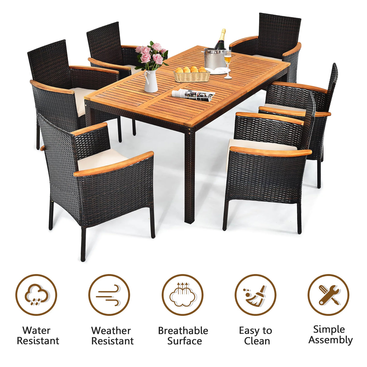 7 Pc Patio Rattan Dining Set Cushioned Chair Wooden Tabletop U7356