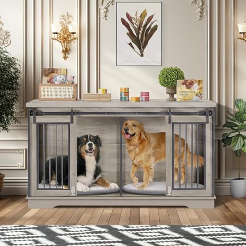 Grey 60.6 Inch Double Dog Crate Furniture with Divider B1190