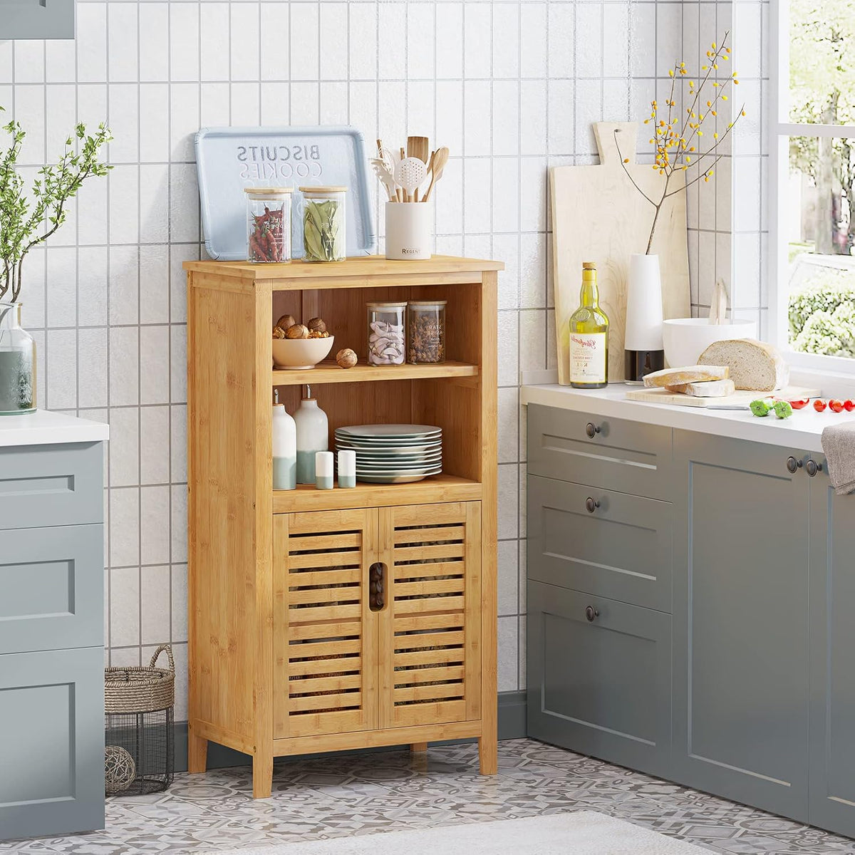 Bamboo Storage Cabinet with Double Doors and Open Shelves E4708