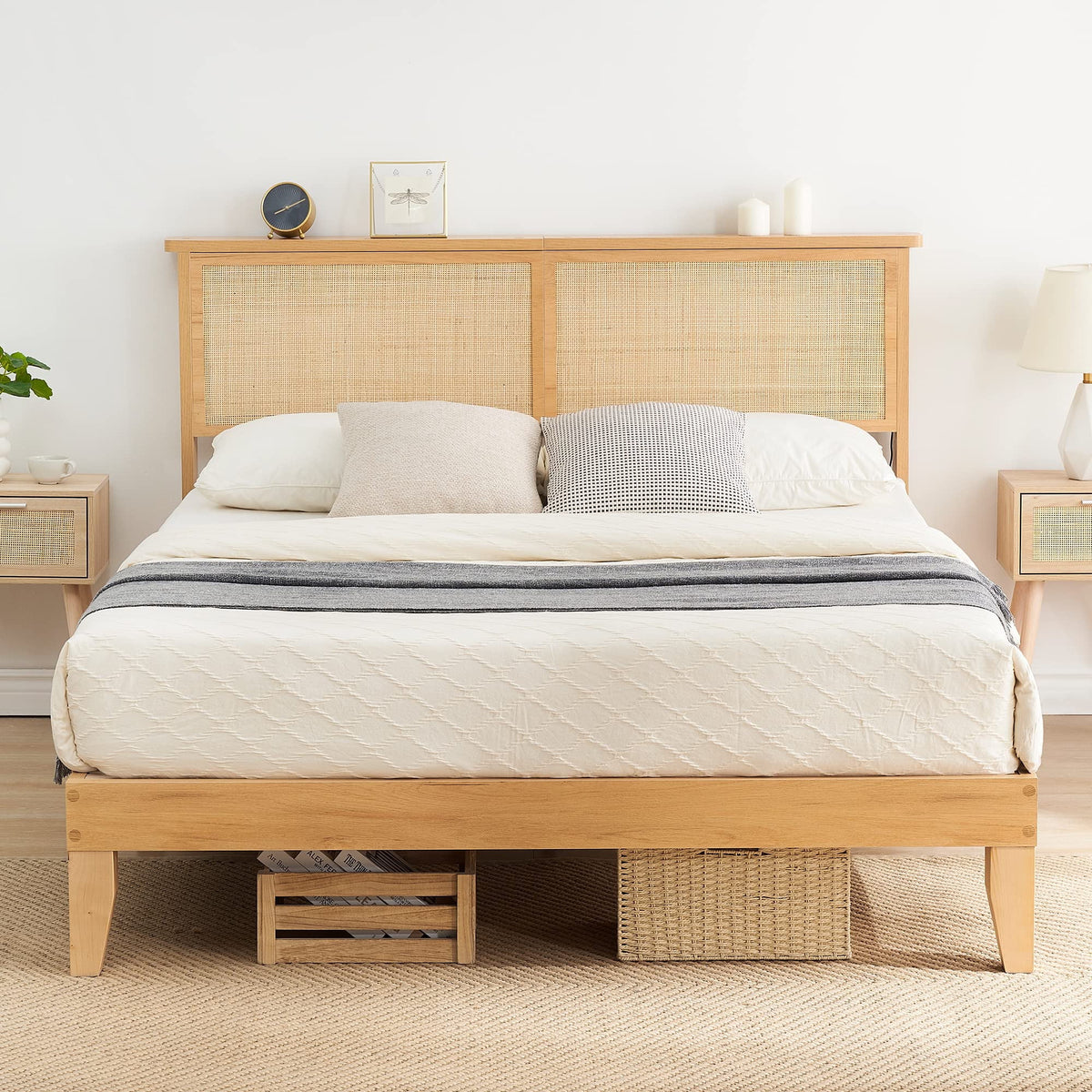 Full Size Platform Bed Frame with Rattan Headboard and Storage P665