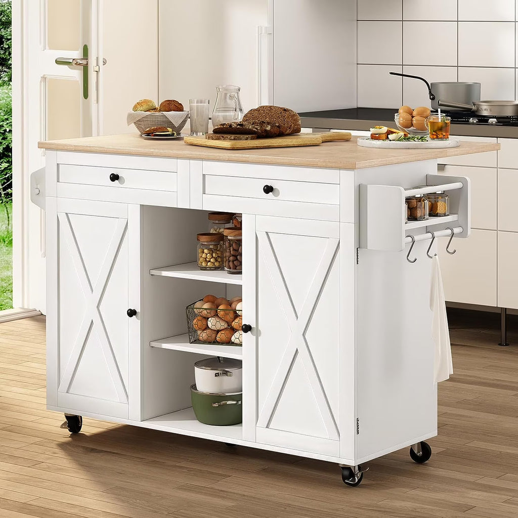 White Kitchen Island with Storage and Drop Leaf I29460
