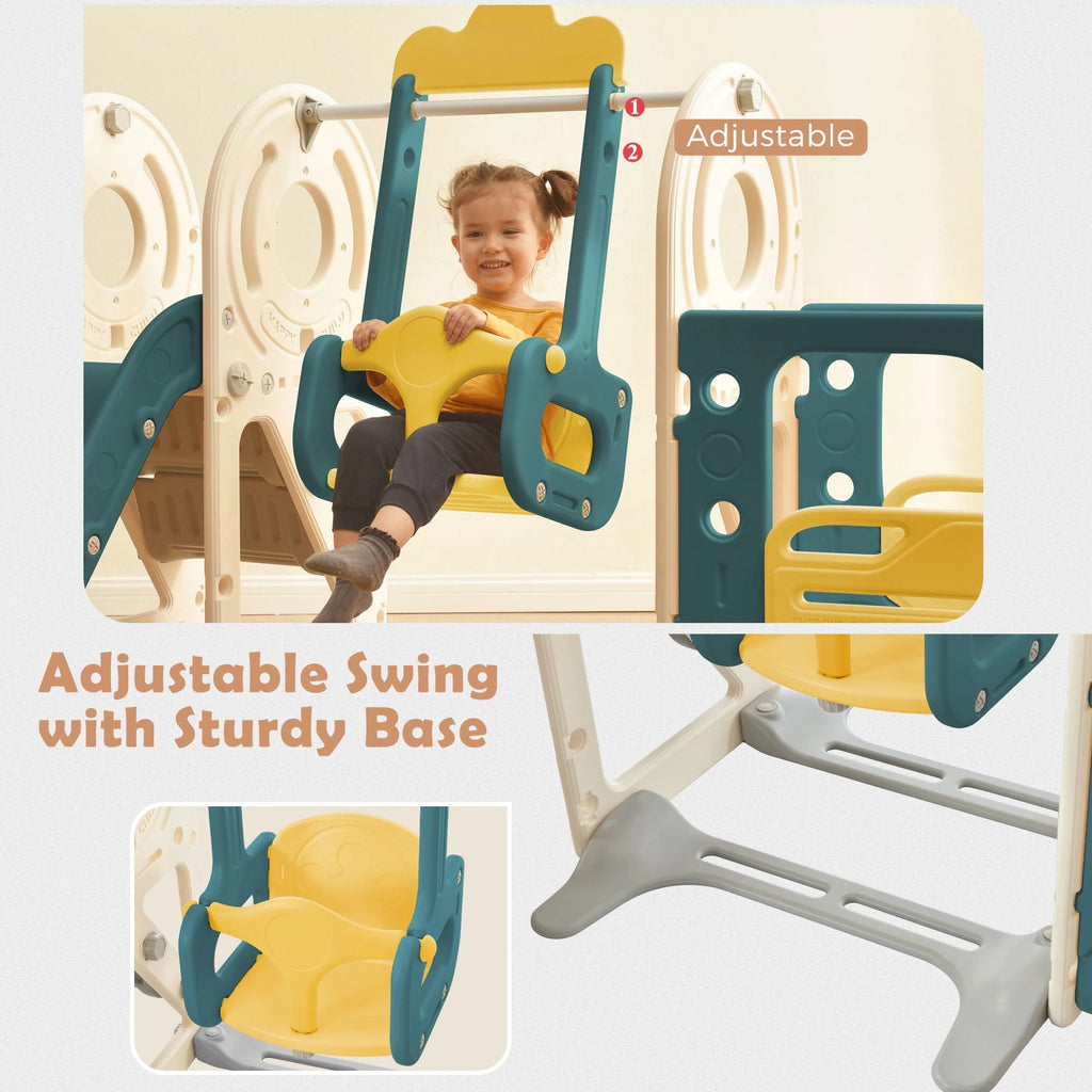 5-in-1 Kids Slide and Swing Set with Bus Playhouse, Basketball Hoop, Climber, Green B348928