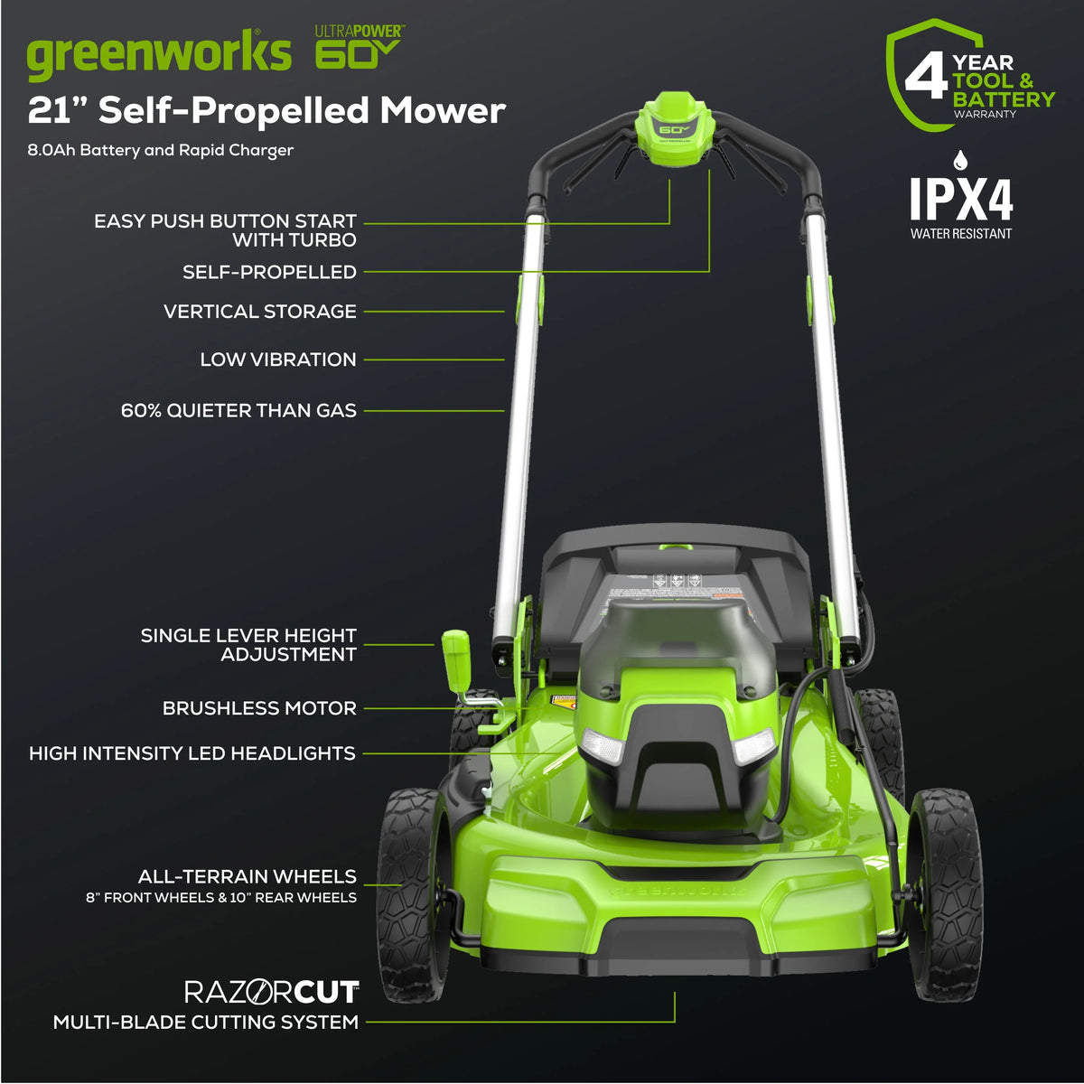 60V 21 Self Propelled Lawn Mower with 8.0 Ah Battery & Rapid Charger E9709