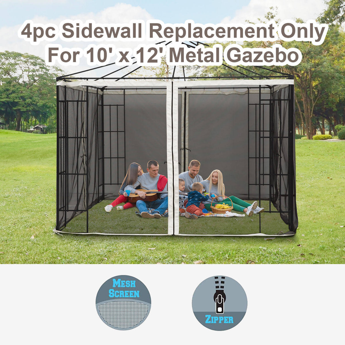 4-Panel Mesh Mosquito Netting Sidewalls with Zippers for Patio Gazebo G225602