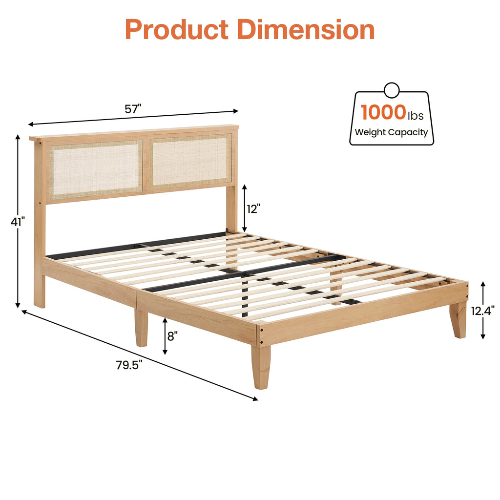 Full Size Platform Bed Frame with Rattan Headboard and Storage P665