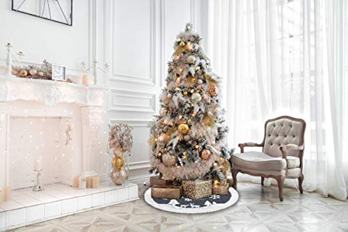 White Fur Christmas Tree Skirt with Deer and Snowflake Pattern 36 inches V9970