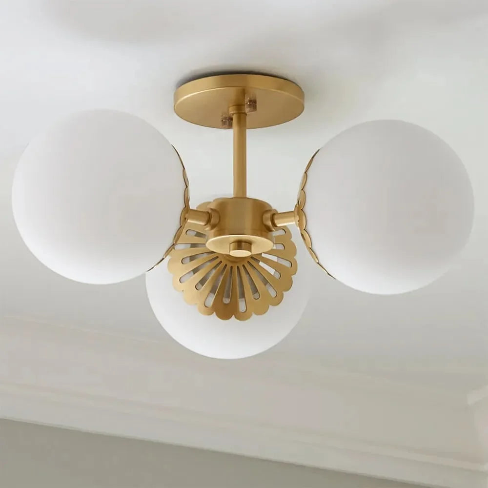 Modern Gold 3-Light Semi Flush Mount Light with White Round Glass Globe Shade J68329