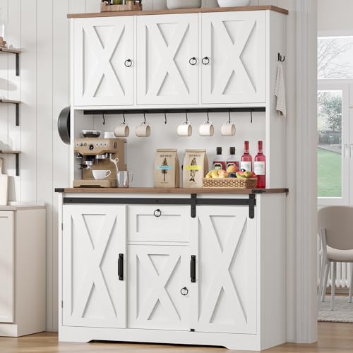 White Kitchen Pantry Cabinet with Drawer and Sliding Barn Doors D13456